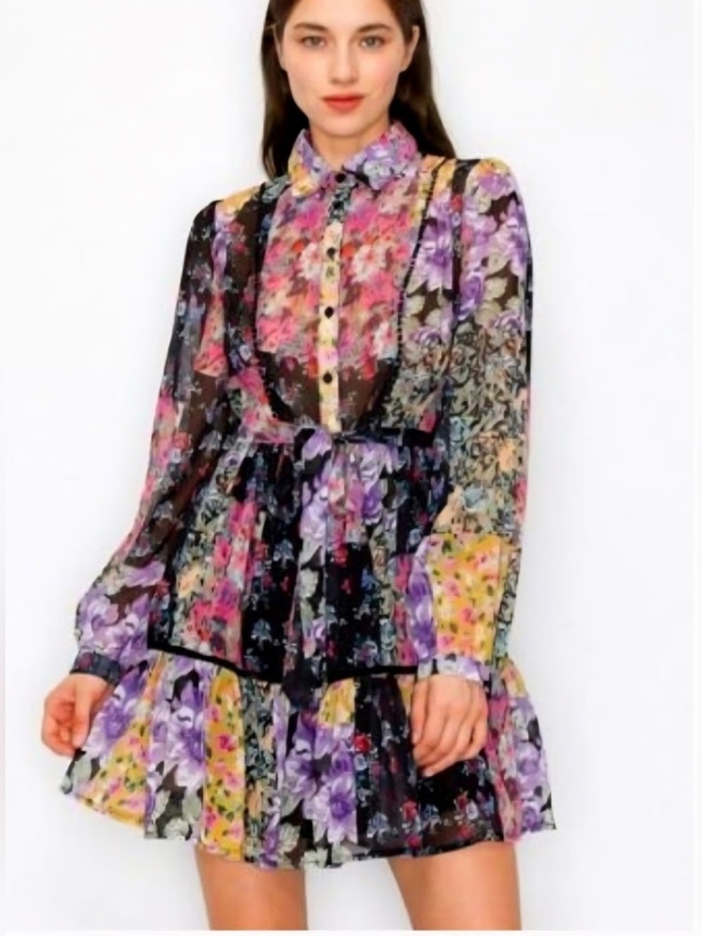 Zara Floral Sheer Long Sleeve Tiered Mini Dress - Purple Multi